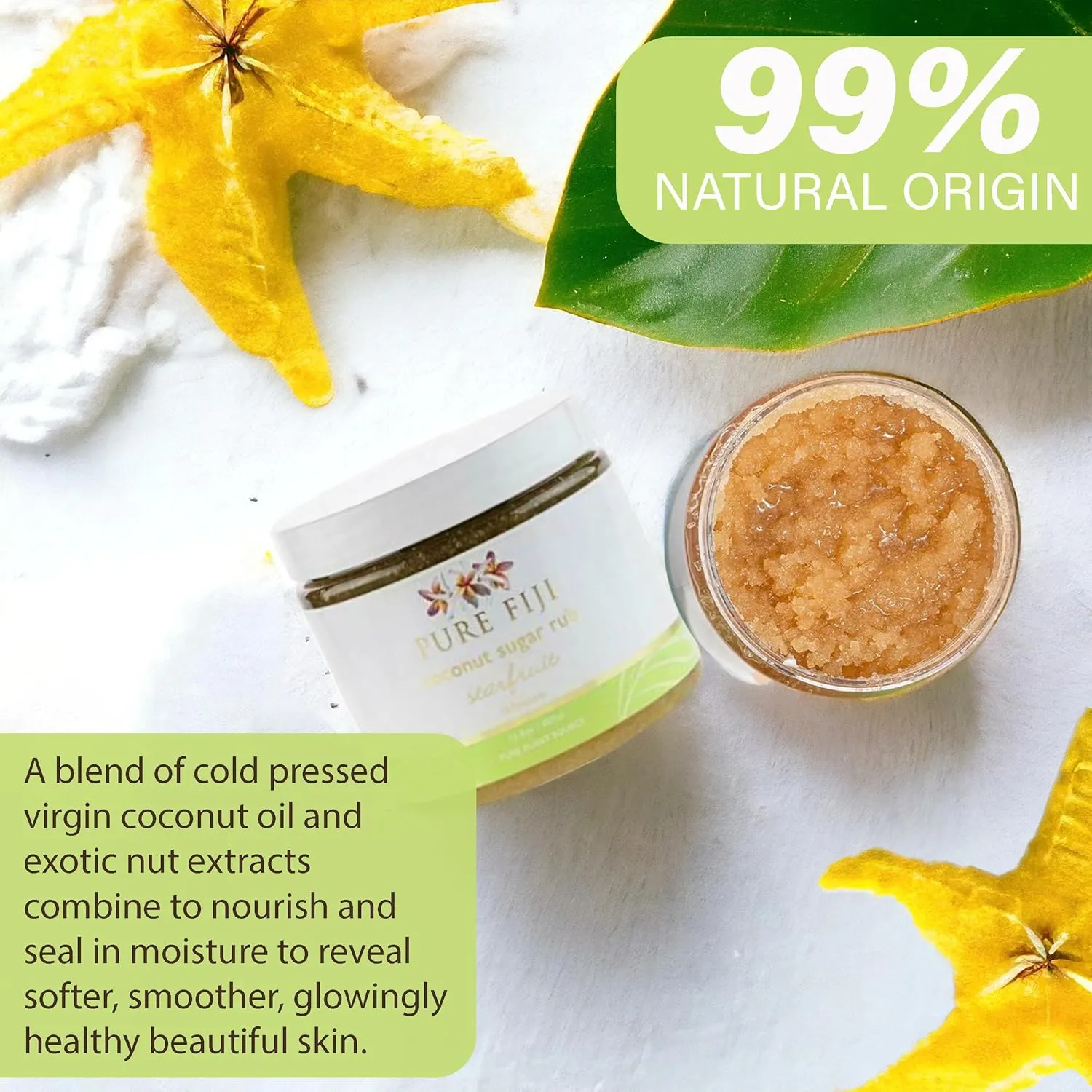 Pure Fiji Coconut Sugar Body Scrub - Body Exfoliator Scrub Natural Origin for Smooths and Softens Skin - Organic Exfoliating Sugar Scrub for Body, Starfruit, 15.5 Oz