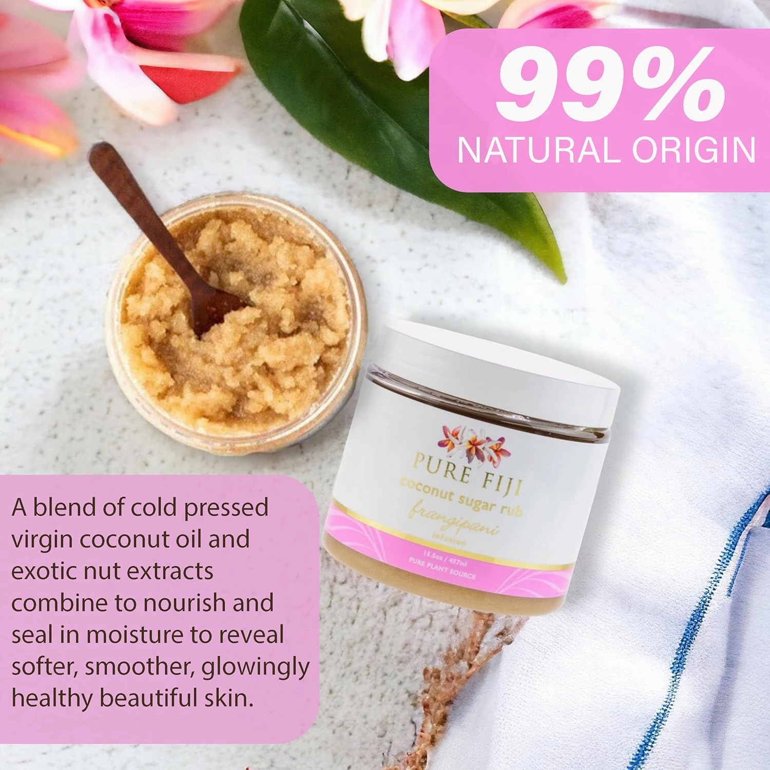 Pure Fiji Coconut Sugar Body Scrub - Body Exfoliator Scrub Natural Origin for Smooths and Softens Skin - Organic Exfoliating Sugar Scrub for Body, Frangipani, 15.5 Oz