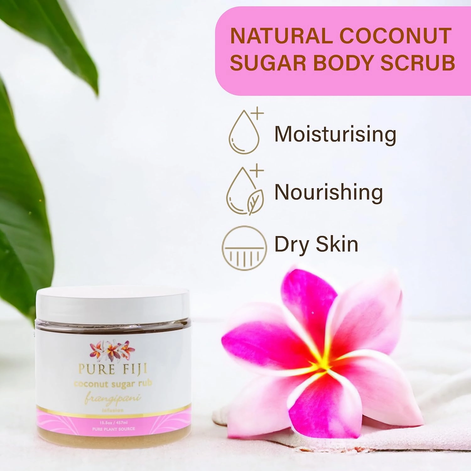 Pure Fiji Coconut Sugar Body Scrub - Body Exfoliator Scrub Natural Origin for Smooths and Softens Skin - Organic Exfoliating Sugar Scrub for Body, Frangipani, 15.5 Oz