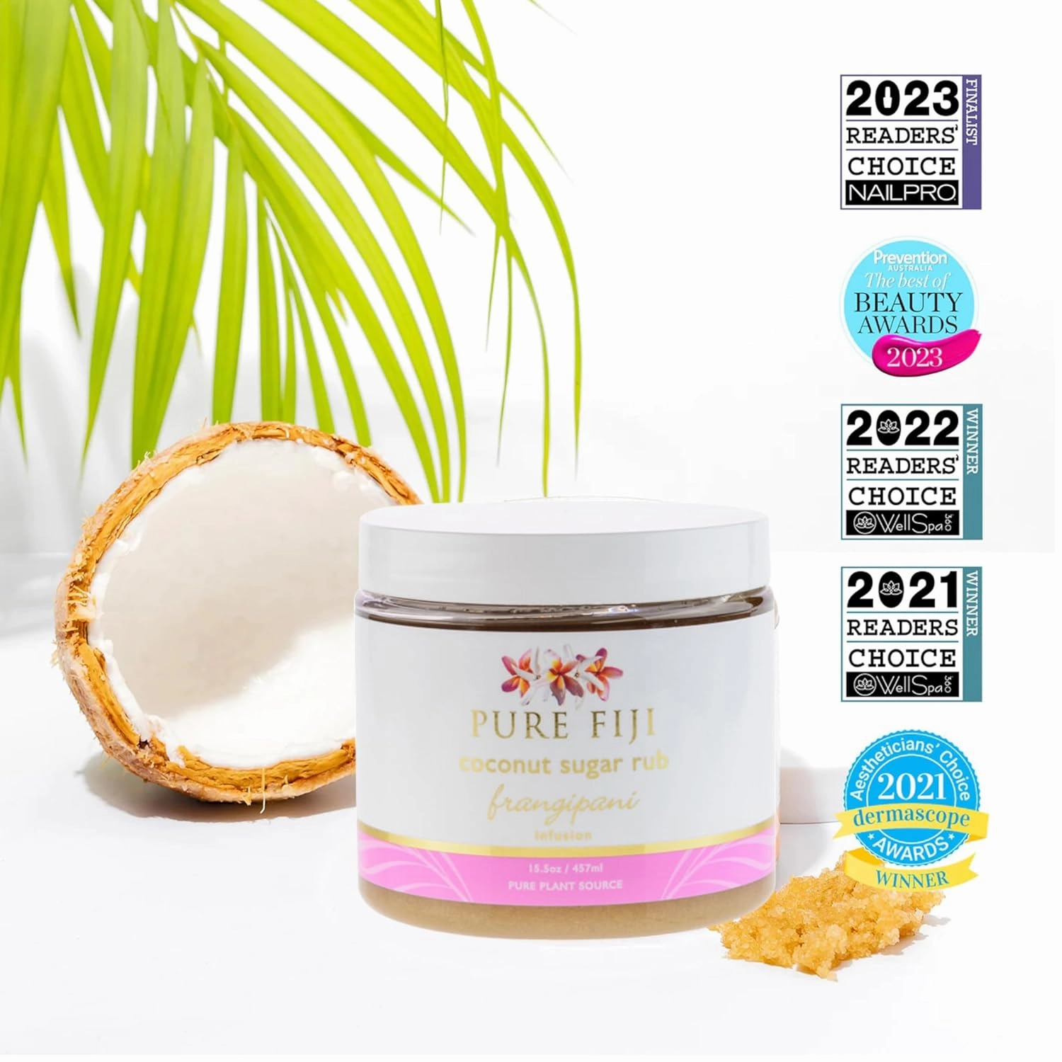 Pure Fiji Coconut Sugar Body Scrub - Body Exfoliator Scrub Natural Origin for Smooths and Softens Skin - Organic Exfoliating Sugar Scrub for Body, Frangipani, 15.5 Oz