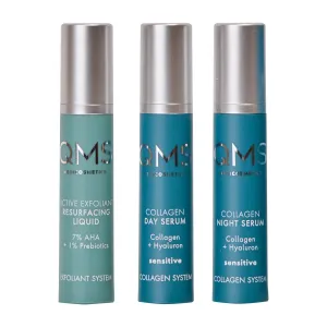 QMS Medicosmetics Day   Night Travel Size 3-Step Core Routine for Sensitive Skin – Includes Collagen Day Serum, Collagen Night Serum   7% AHA Exfoliant Resurfacing Liquid – Reduces Signs of Aging