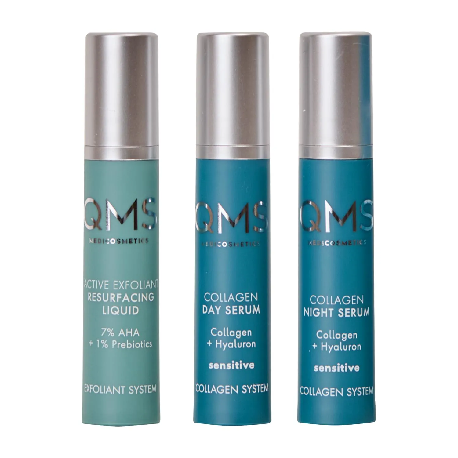 QMS Medicosmetics Day   Night Travel Size 3-Step Core Routine for Sensitive Skin – Includes Collagen Day Serum, Collagen Night Serum   7% AHA Exfoliant Resurfacing Liquid – Reduces Signs of Aging