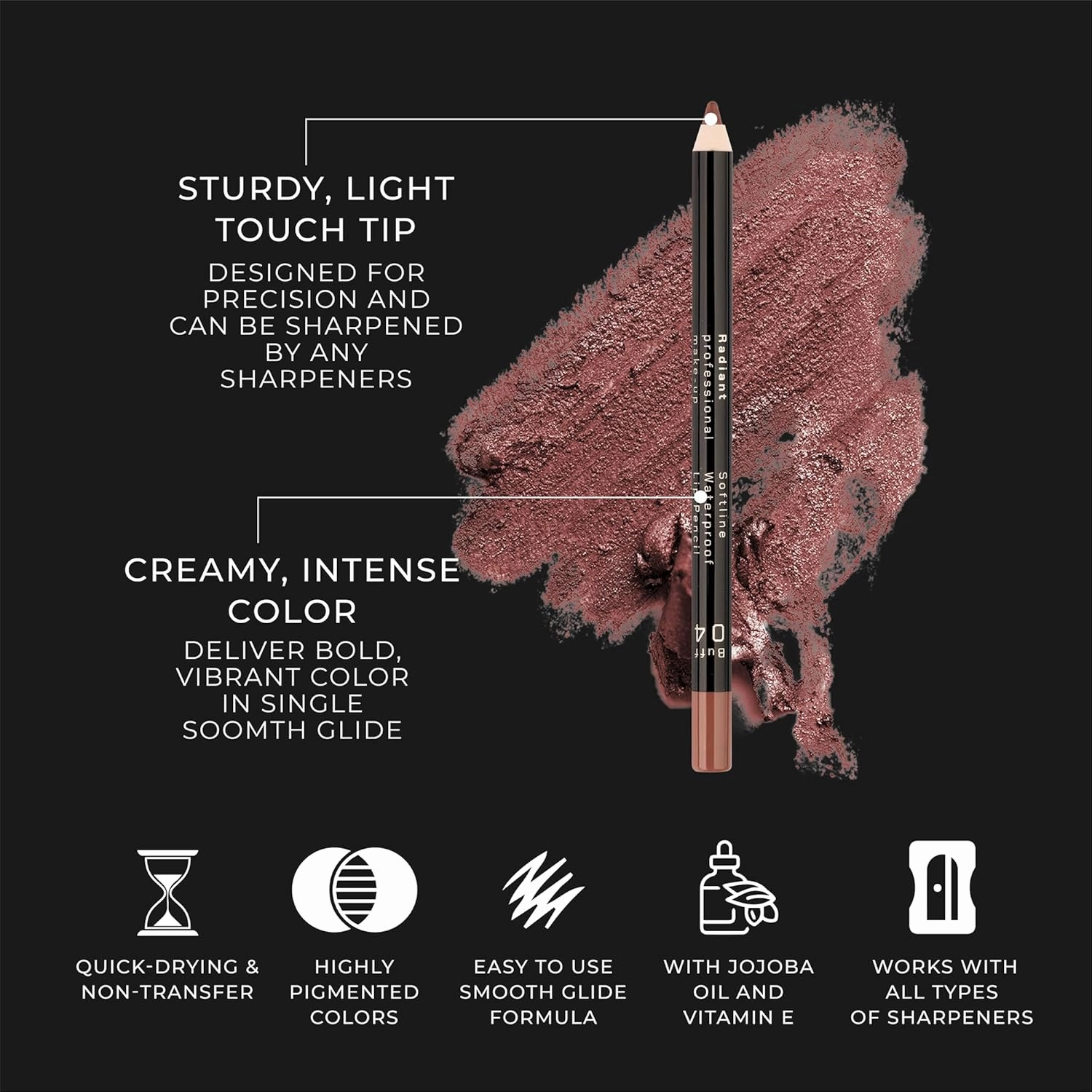 Radiant Professional Waterproof Lip Liner Pencil - Long Lasting Lip Liner for Defined Lips - Soft & Creamy Lipliner with Vitamin E - Long Lasting - 1.20 gr, (22 HEATHER)