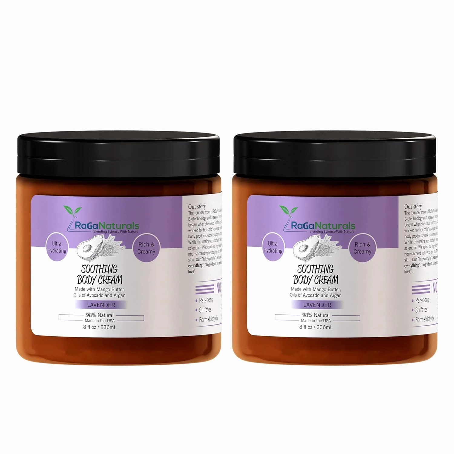 RaGaNaturals Lavender Hand and Body Cream, Mango Butter Body Cream with Argan and Avocado Oil - Plant Based, All Natural, Women, Men, Babies and Kids - 8 Fl Oz, Pack of 2