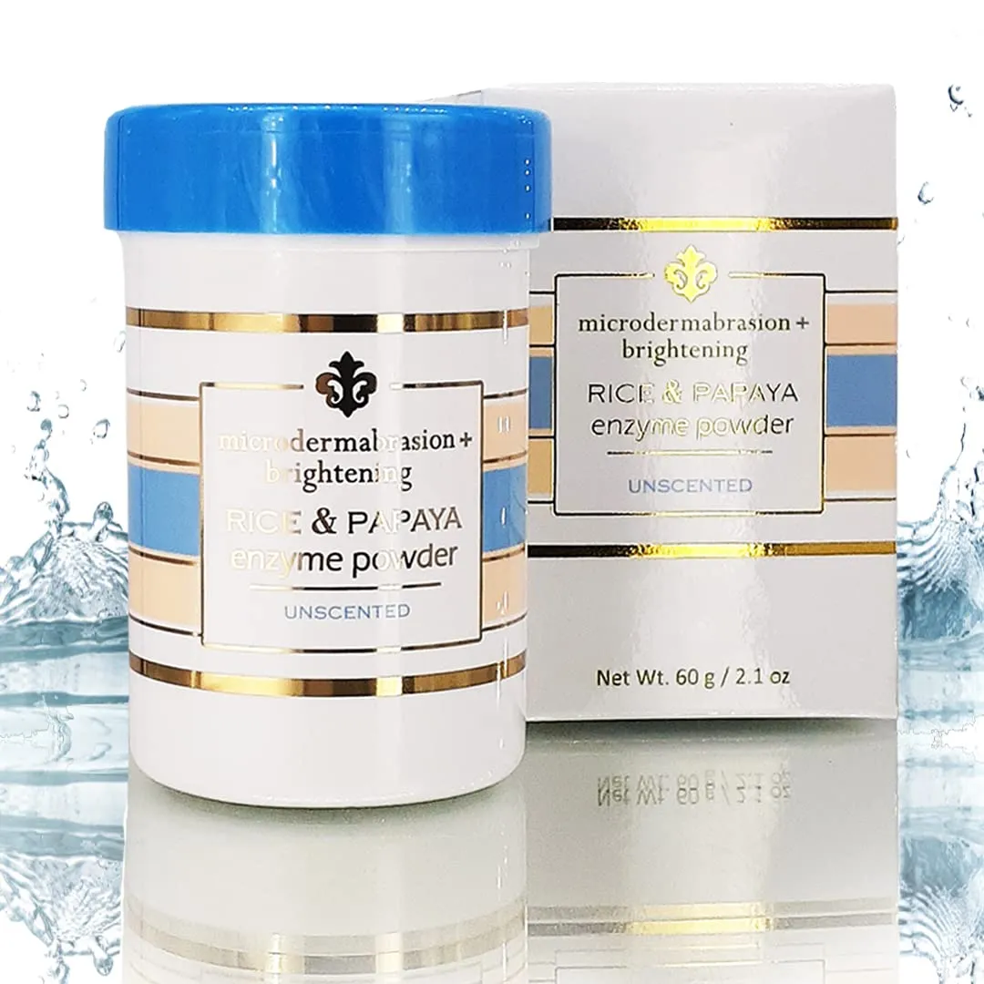 Rice and Papaya Enzyme Powder (water-activated) - All Natural Daily Face Exfoliator/Cleanser - Pore purifying, anti-aging, ingredients; fights wrinkles, acne scars, dry skin - Unscented - 2.1 oz