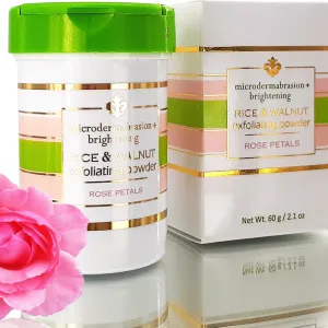 Rice and Walnut Exfoliating Powder (Rose Petals) 100% Natural Scrub/Exfoliator - Pore purifying, anti-aging ingredients; fights wrinkles, acne scars, sagging skin, dry skin - 2.1 oz - Made in the USA