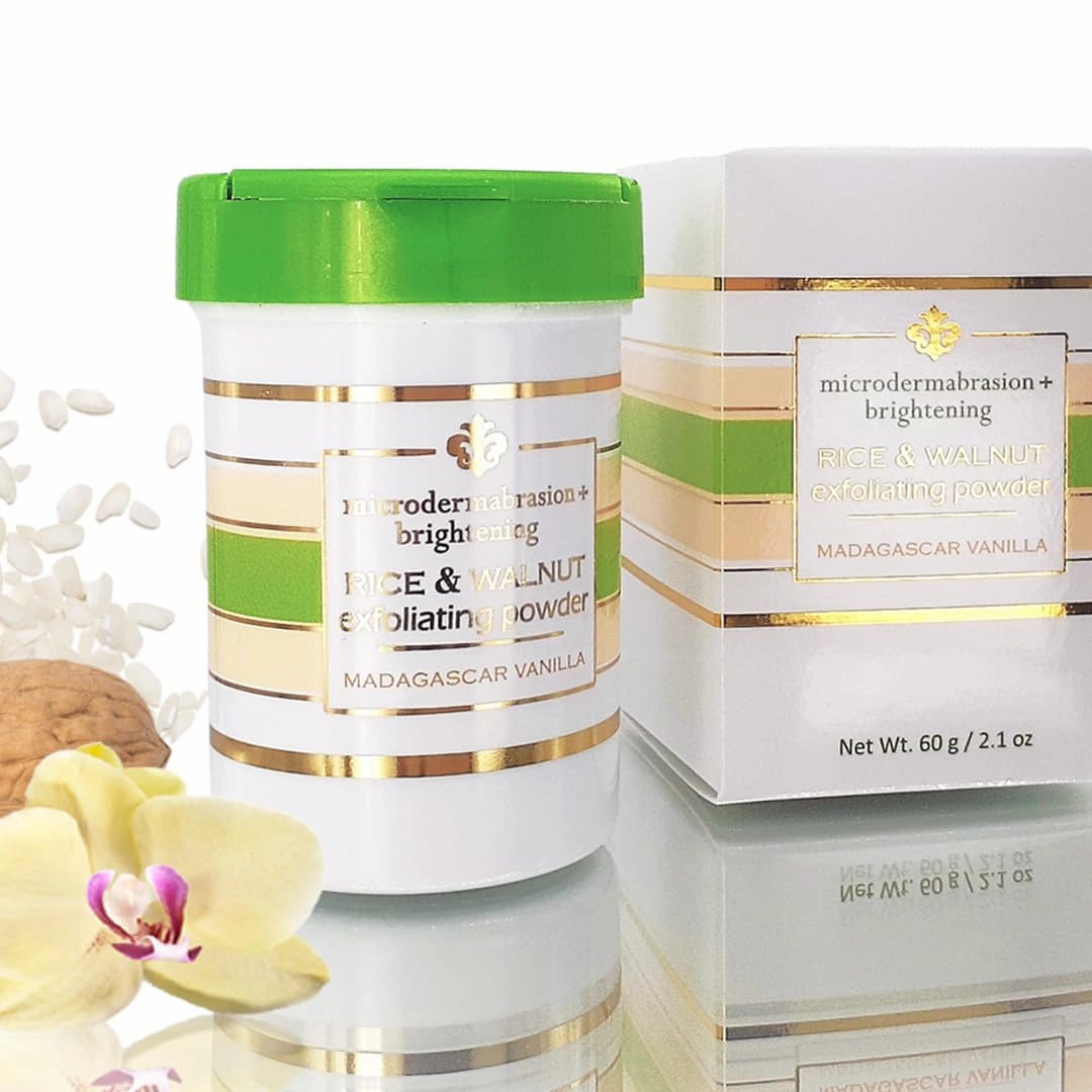 Rice and Walnut Exfoliating Powder (Madagascar Vanilla) - All Natural Scrub/Exfoliator - Pore purifying, anti-aging ingredients; fights wrinkles, acne scars, sagging skin, dry skin - 2.1 oz