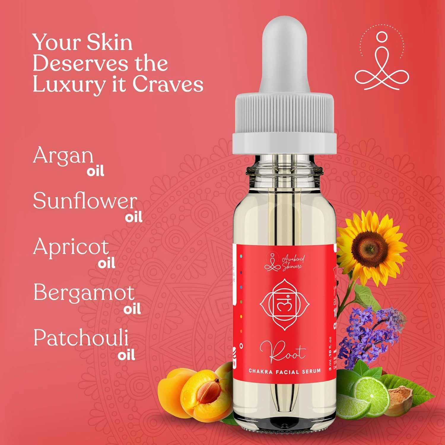 Root Chakra Facial Serum Essential Oil Blend, Natural & Organic Moisturizing Serum for Face with Sunflower, Argan, Apricot, Rosemary, Lavender Oils for Spiritual Journey, Peace, Deeper Connection