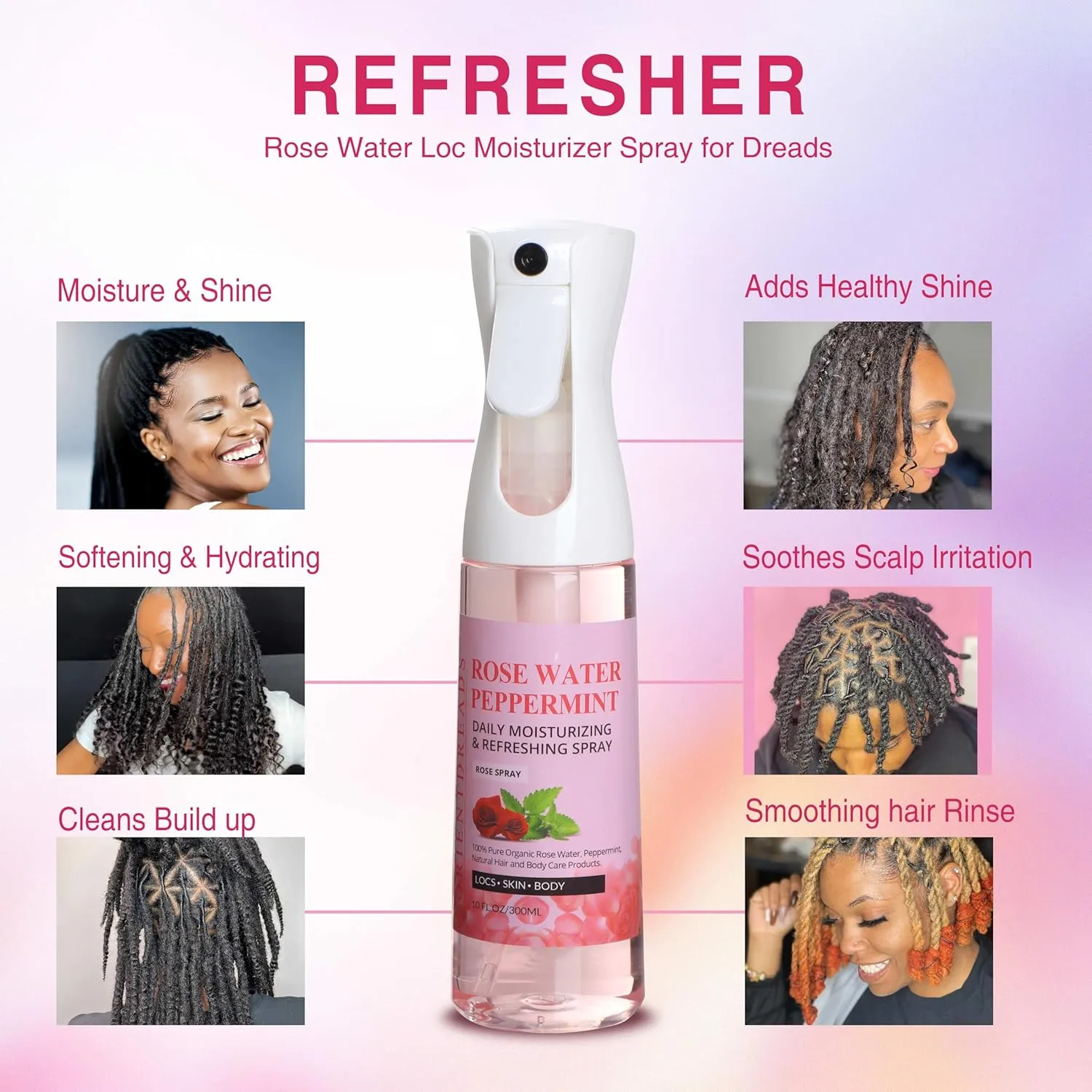 Rose Water and Peppermint Hair Scalp Moisturizing Spray with Castor Oil - For Natural Loc Care and Dreadlock Maintenance (10 oz)