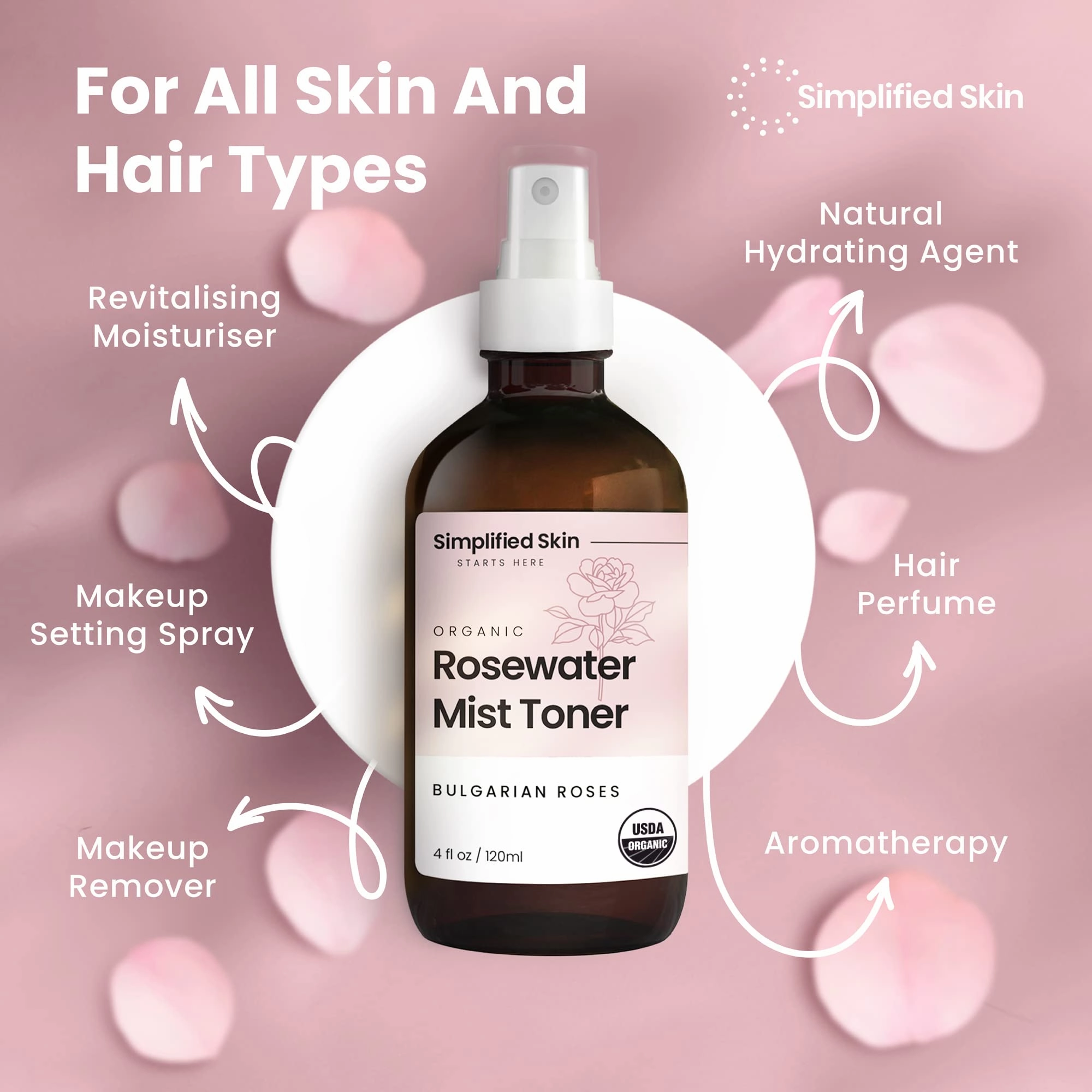 Rose Water Spray for Face & Hair - Organic USDA Certified Rosewater Facial Toner - Alcohol-Free Makeup Setting Hydrating Face Mist - Anti-Aging Toner Spray - 4 Oz
