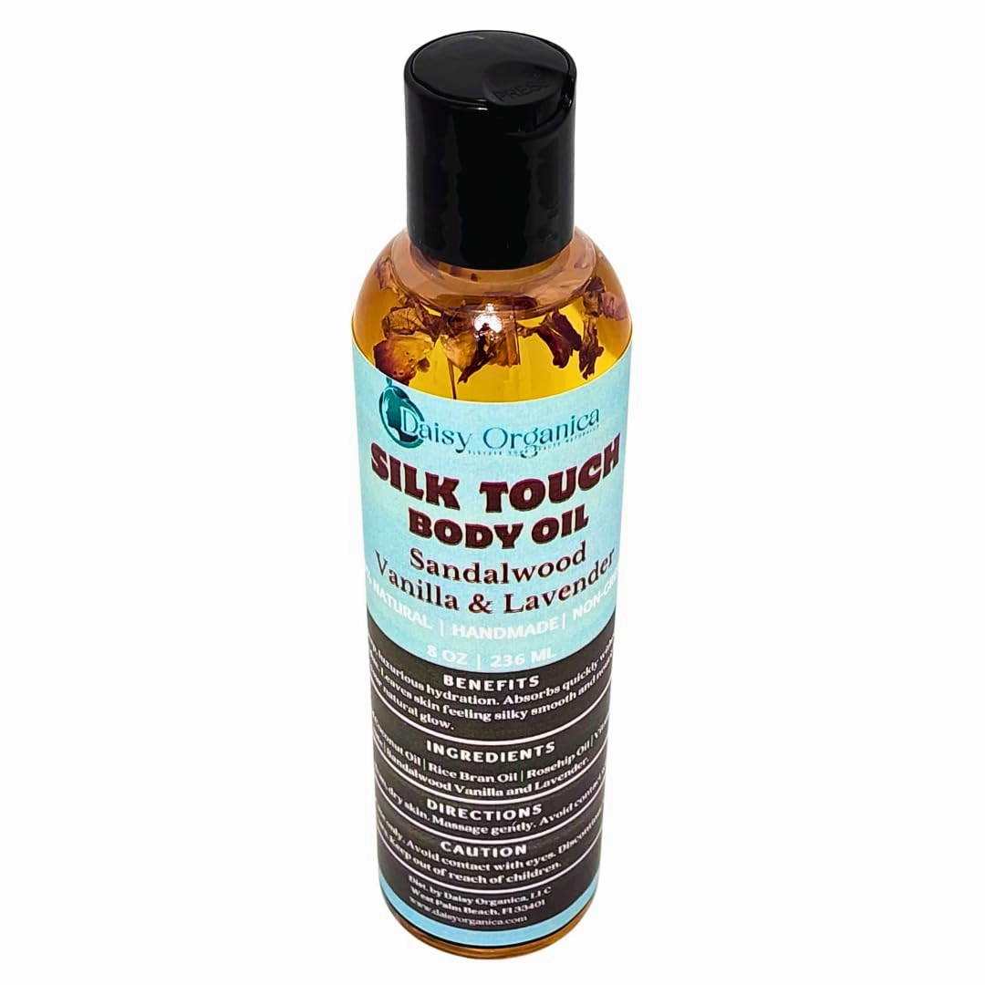 Silk Touch Body Oil - Hydrating & Nourishing. Two variables scent: Sandalwood Vanilla/Lavender & Lychee Pineapple (Sandalwood Vanilla & Lavender)