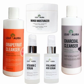 Skin Care Products Combo (5 Items) - Comes With Charcoal Cleanser, Grapefruit Cleanser, Vitamin C Serum, Hyaluronic Acid, Mango Moisturizer- Made with Natural   Organic Formula