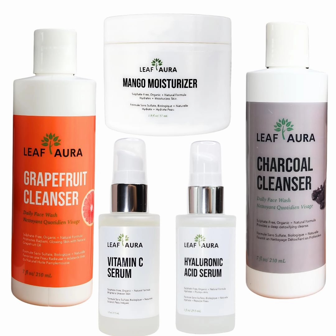 Skin Care Products Combo (5 Items) - Comes With Charcoal Cleanser, Grapefruit Cleanser, Vitamin C Serum, Hyaluronic Acid, Mango Moisturizer- Made with Natural   Organic Formula