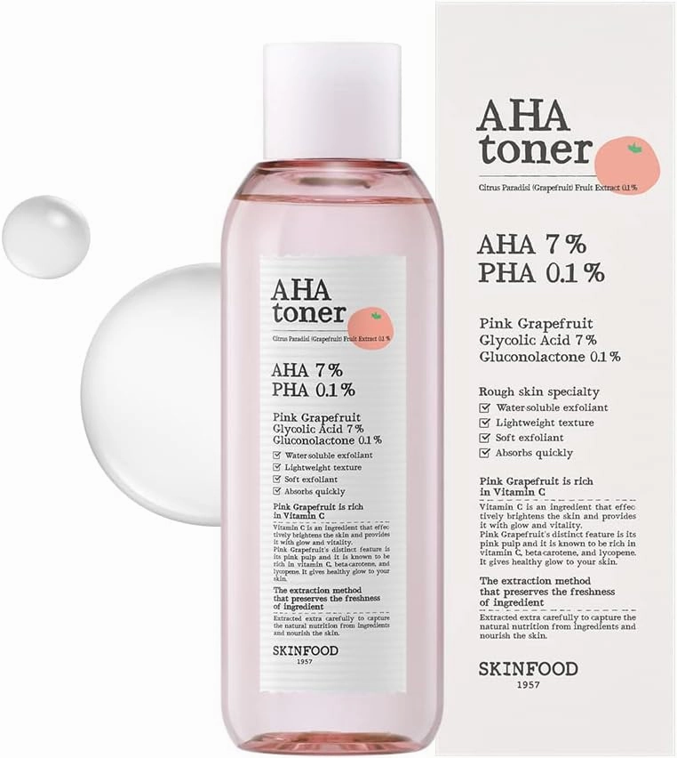 SKINFOOD Pink Grapefruit AHA Toner 6.76 fl.oz (200ml), 7% AHA Glycoloic Acid & 0.1% PHA Gluconolactone Facial Exfoliant for Enlarged Pores, Glow Boosting, Smooth Skin