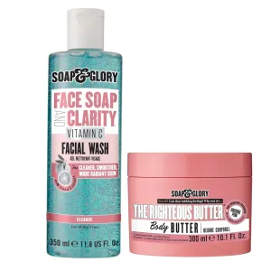 Soap & Glory Gentle Exfoliating Face Wash & Vitamin C 3 in 1 Cleanser (350ml) & The Righteous Moisturizing Body Butter (300ml) -Hydrating Facial Cleanser for Smooth & Radiant Skin & Rich Body Cream