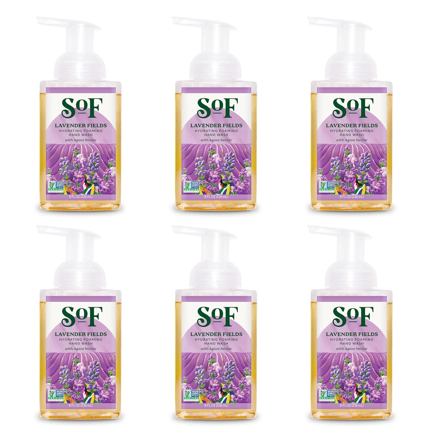 SoF Hydrating Foaming Hand Wash - With Organic Agave Nectar & Coconut Oil- Vegan & Non GMO- Free From Phthalates, Sulfates & Parabens- Lavender Fields- 8 oz Bottle 6 Pack