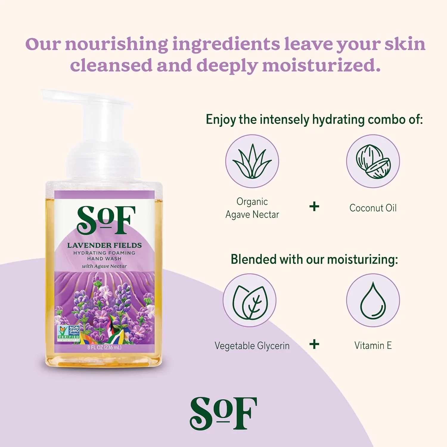 SoF Hydrating Foaming Hand Wash - With Organic Agave Nectar & Coconut Oil- Vegan & Non GMO- Free From Phthalates, Sulfates & Parabens- Lavender Fields- 8 oz Bottle 6 Pack