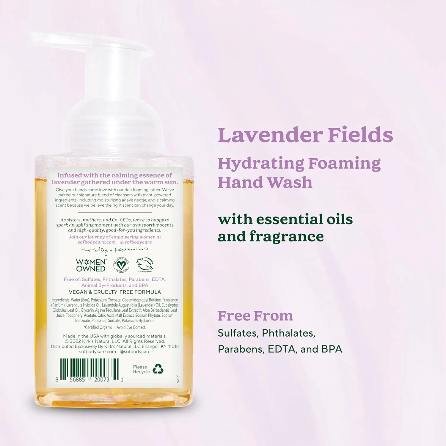 SoF Hydrating Foaming Hand Wash - With Organic Agave Nectar & Coconut Oil- Vegan & Non GMO- Free From Phthalates, Sulfates & Parabens- Lavender Fields- 8 oz Bottle 6 Pack