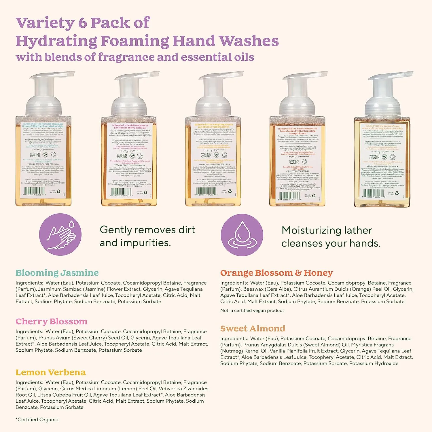 SoF Hydrating Foaming Hand Wash - With Organic Agave Nectar & Coconut Oil- Vegan & Non GMO- Free From Phthalates, Sulfates & Parabens- Variety Pack - 8 oz Bottle 6 Pack