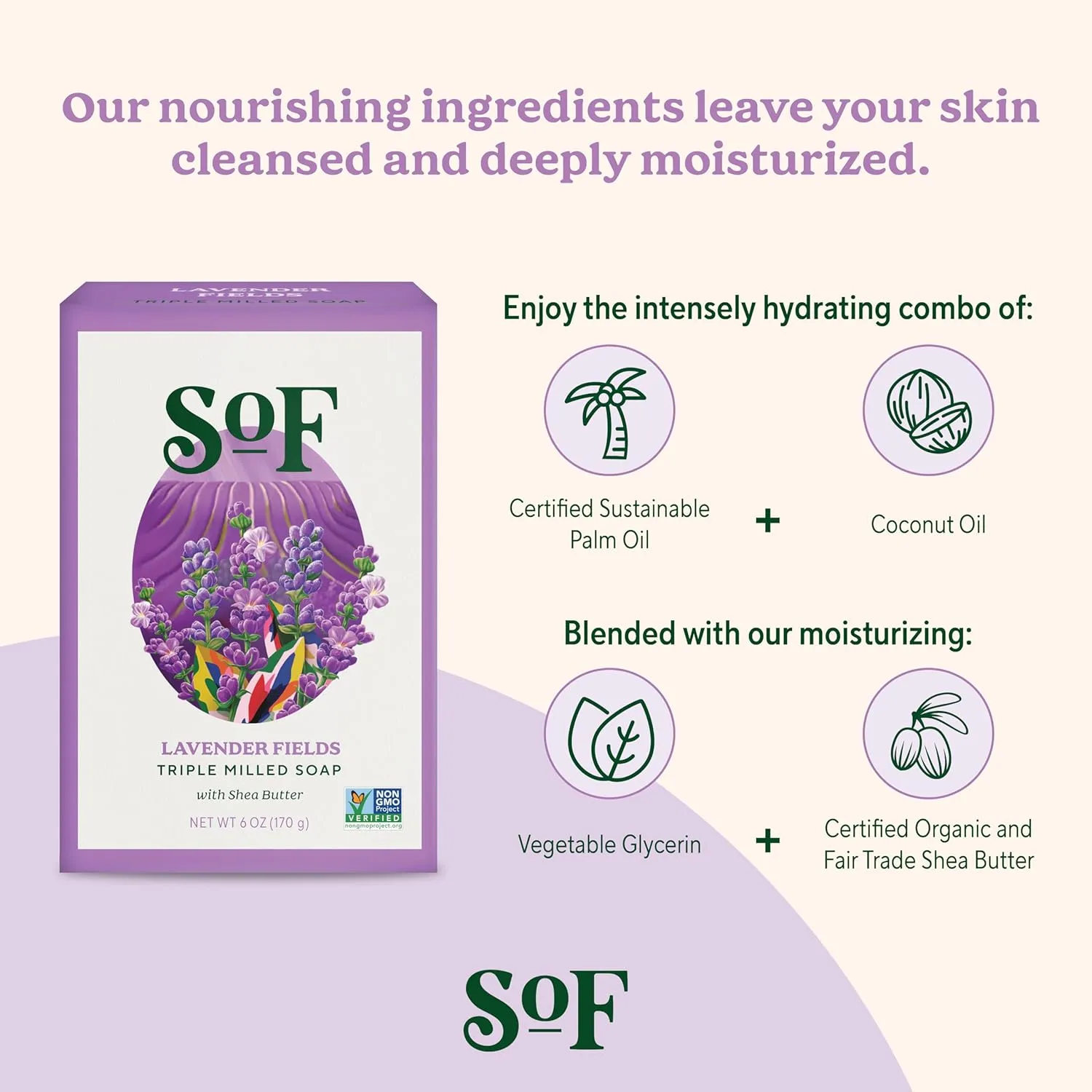 SoF Triple Milled Bar Soap - With Coconut Oil & Organic Shea Butter- Vegan & Non GMO- Free From Phthalates, Sulfates & Parabens- Lavender Fields - 6 oz Bar 6 Bars