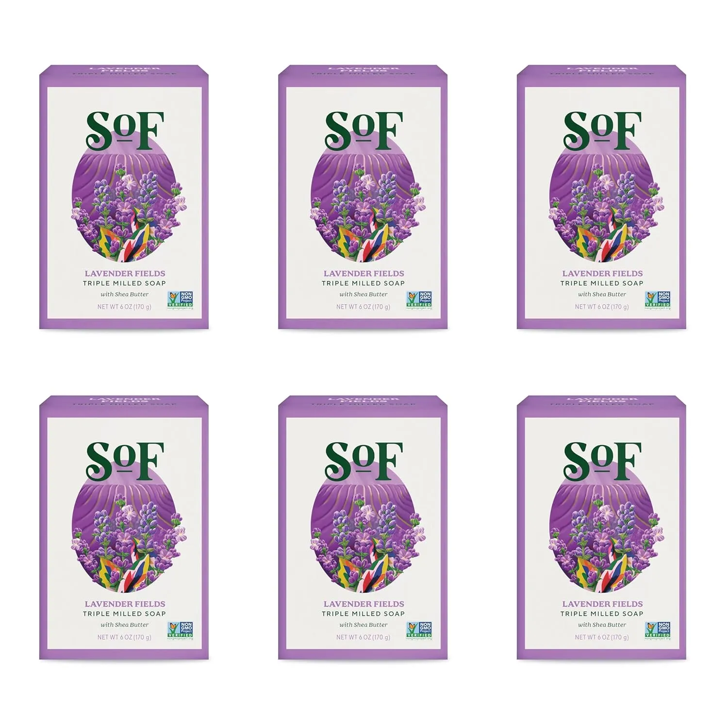 SoF Triple Milled Bar Soap - With Coconut Oil & Organic Shea Butter- Vegan & Non GMO- Free From Phthalates, Sulfates & Parabens- Lavender Fields - 6 oz Bar 6 Bars