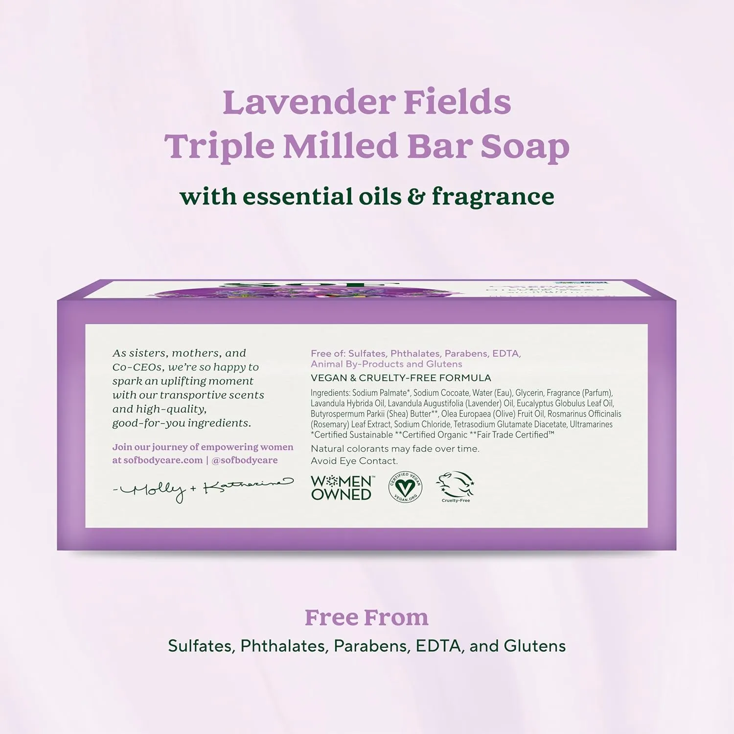 SoF Triple Milled Bar Soap - With Coconut Oil & Organic Shea Butter- Vegan & Non GMO- Free From Phthalates, Sulfates & Parabens- Lavender Fields - 6 oz Bar 6 Bars