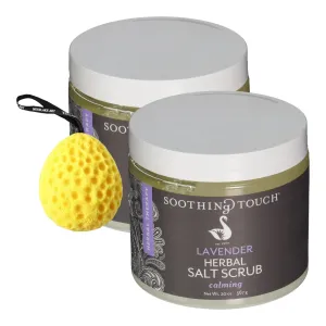 Soothing Touch Lavender Salt Scrub, 20 Oz - Moisturizing & Exfoliating Dead Sea Salt Scrub Body Exfoliator Bundle with Bath Sponge - Aromatic Oils, Vitamin E-Soothing Touch Herbal Salt
