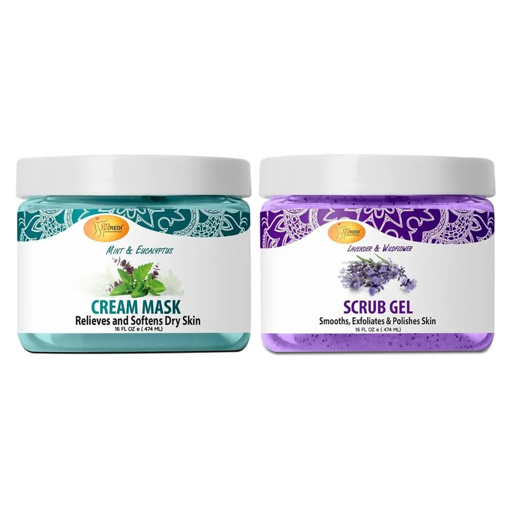 SPA REDI Cream Mask Mint & Eucalyptus 16 Oz & Exfoliating Scrub Lavender & Wildflower 16 Oz – Hydrating and Exfoliating Care Bundle