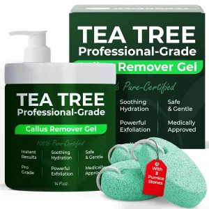 Terramed Just Think Comfort Tea Tree Callus Remover Gel | Professional-Grade Foot Exfoliant for Cracked Heels & Dry Feet | Instant Results & Soothing Hydration | Includes 3 Pumice Stones | 14 Fl Oz