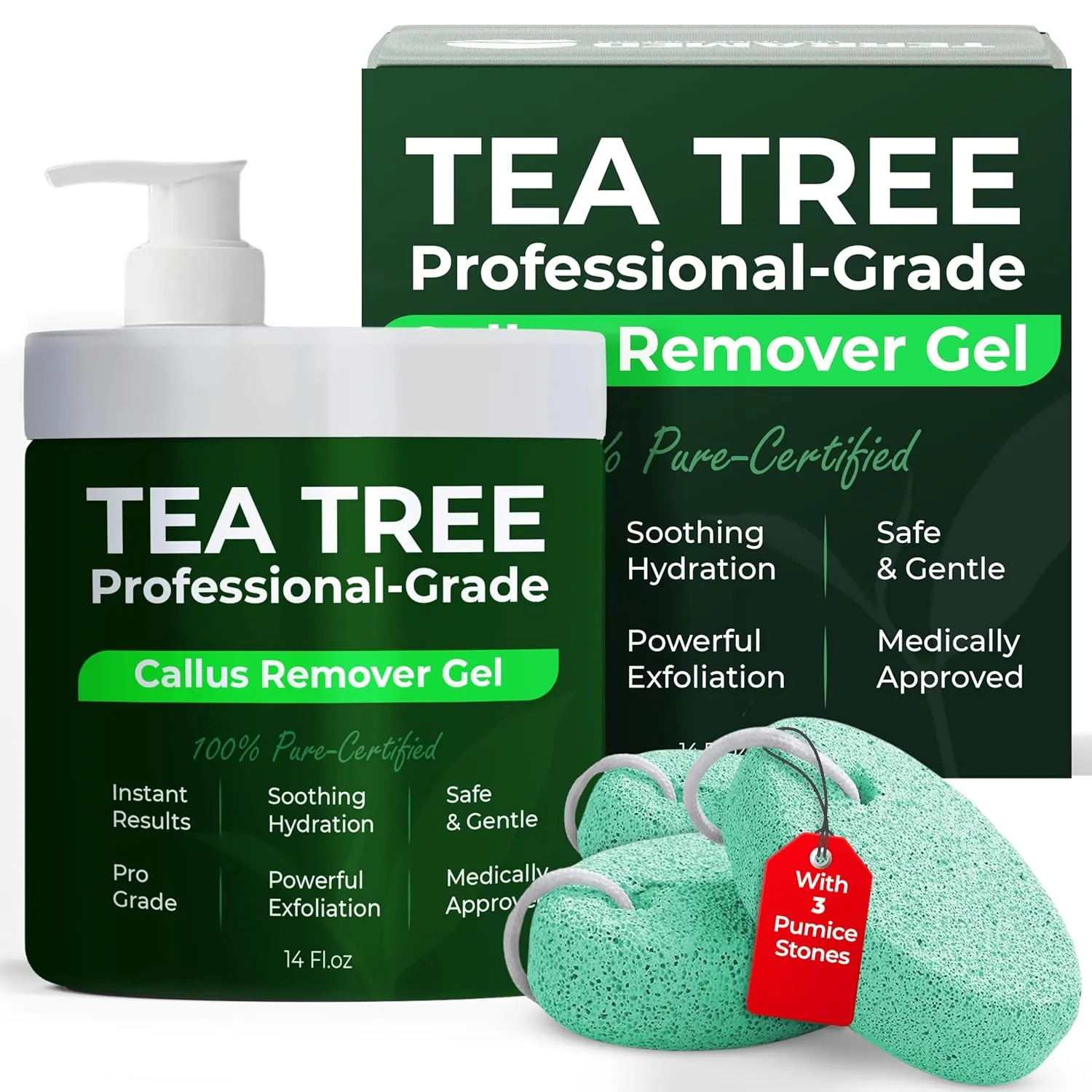 Terramed Just Think Comfort Tea Tree Callus Remover Gel | Professional-Grade Foot Exfoliant for Cracked Heels & Dry Feet | Instant Results & Soothing Hydration | Includes 3 Pumice Stones | 14 Fl Oz