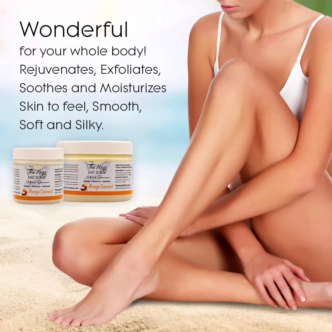The Keys Sea Salt Scrub - Mango - Exfoliating Body Scrub with Wooden Spoon- Foot Scrub and Hand Scrub for men, women - Pure Florida Sea Salt Organic Essential Oils & Nutrients (3 pack 12 Oz).