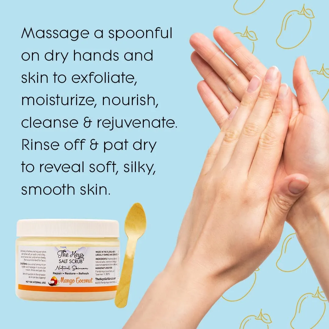The Keys Sea Salt Scrub - Mango - Exfoliating Body Scrub with Wooden Spoon- Foot Scrub and Hand Scrub for men, women - Pure Florida Sea Salt Organic Essential Oils & Nutrients (3 pack 12 Oz).