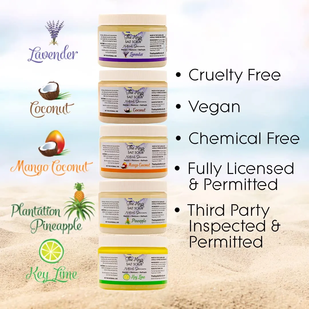 The Keys Sea Salt Scrub - Mango - Exfoliating Body Scrub with Wooden Spoon- Foot Scrub and Hand Scrub for men, women - Pure Florida Sea Salt Organic Essential Oils & Nutrients (3 pack 12 Oz).