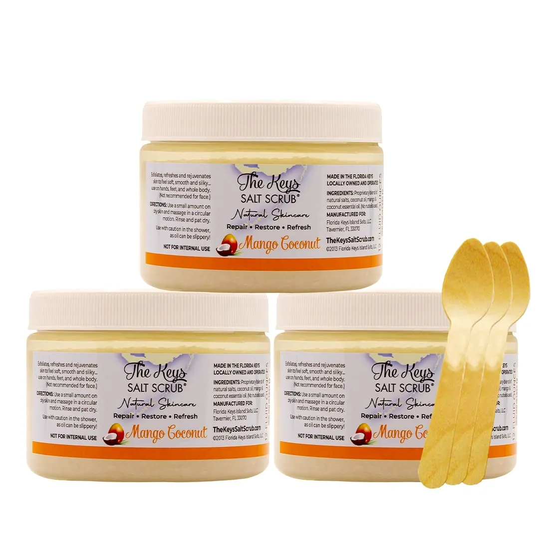 The Keys Sea Salt Scrub - Mango - Exfoliating Body Scrub with Wooden Spoon- Foot Scrub and Hand Scrub for men, women - Pure Florida Sea Salt Organic Essential Oils & Nutrients (3 pack 12 Oz).