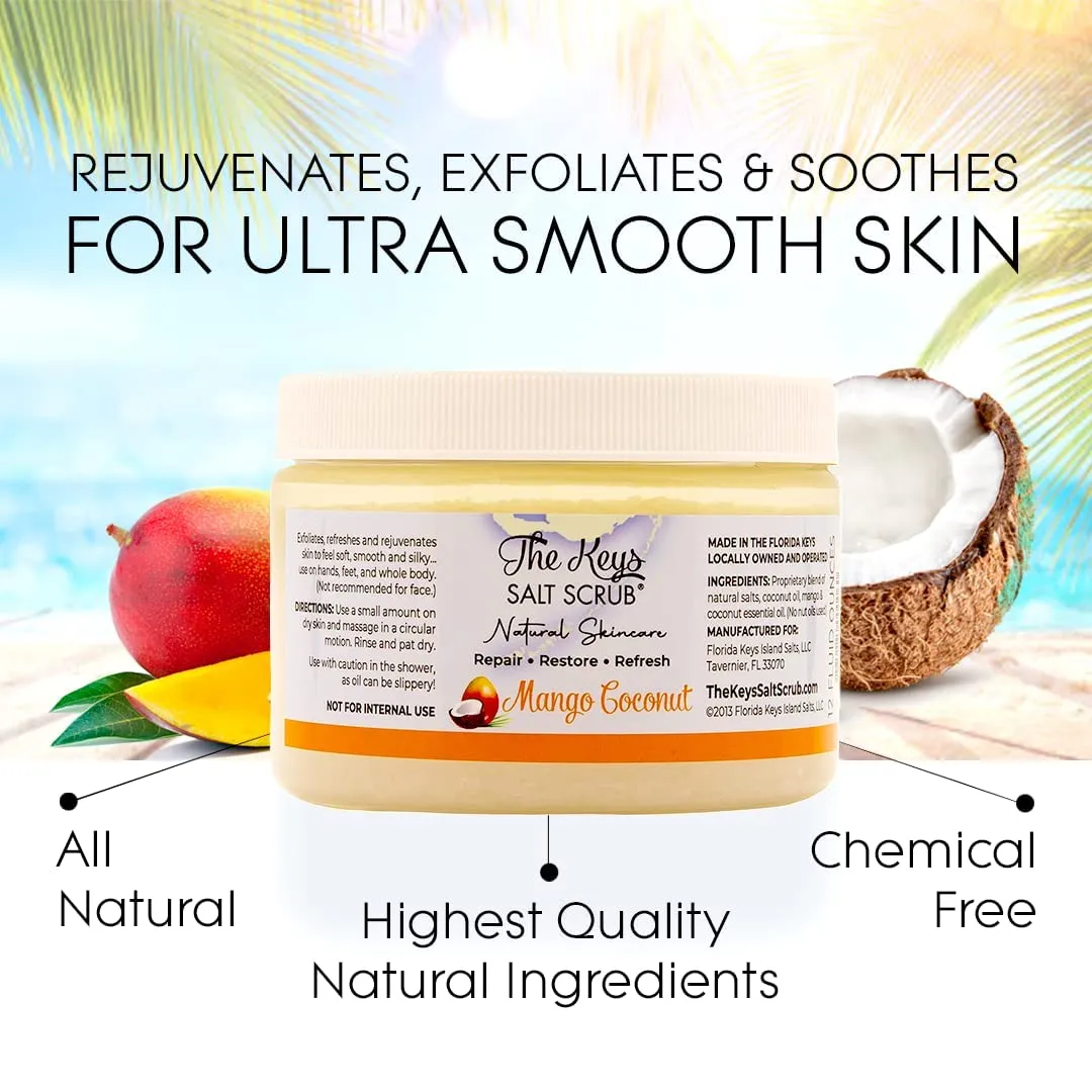 The Keys Sea Salt Scrub - Mango - Exfoliating Body Scrub with Wooden Spoon- Foot Scrub and Hand Scrub for men, women - Pure Florida Sea Salt Organic Essential Oils & Nutrients (3 pack 12 Oz).