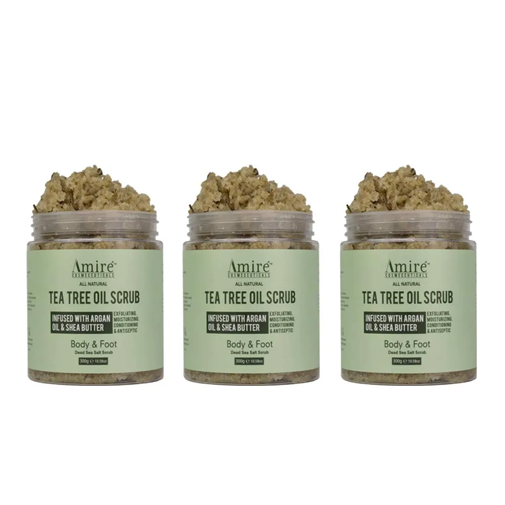 Three Pack of Amire Anti-Fungal Tea Tree Oil Exfoliating Body and Foot Scrub with Dead Sea Minerals, Great for Acne, Dandruff, Athlete's Foot, Infused with Argan Oil and Shea Butter to Moisturize