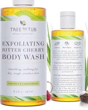 Tree to Tub Bitter Cherry Coconut Exfoliating Body Wash - Gentle Exfoliating Body Scrub for Sensitive Skin - Skin Exfoliator for Body for Women & Men w/Natural Soapberry, Natural Cherry, Organic Rice