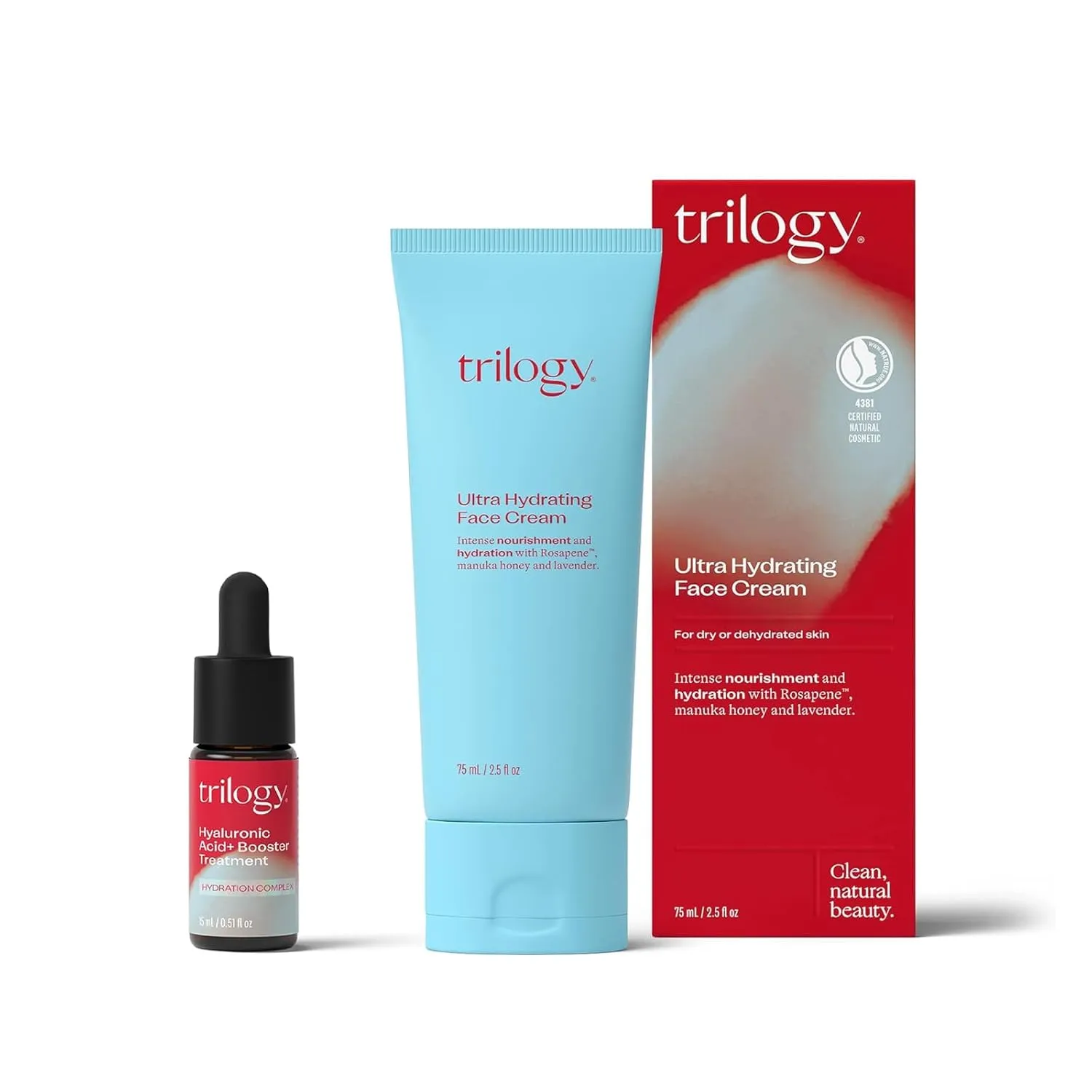 Trilogy Ultra Hydrating Face Cream (2.5 Fl Oz), Vitamin Hyaluronic Acid  Booster Treatment (0.5 Fl Oz), Bundle