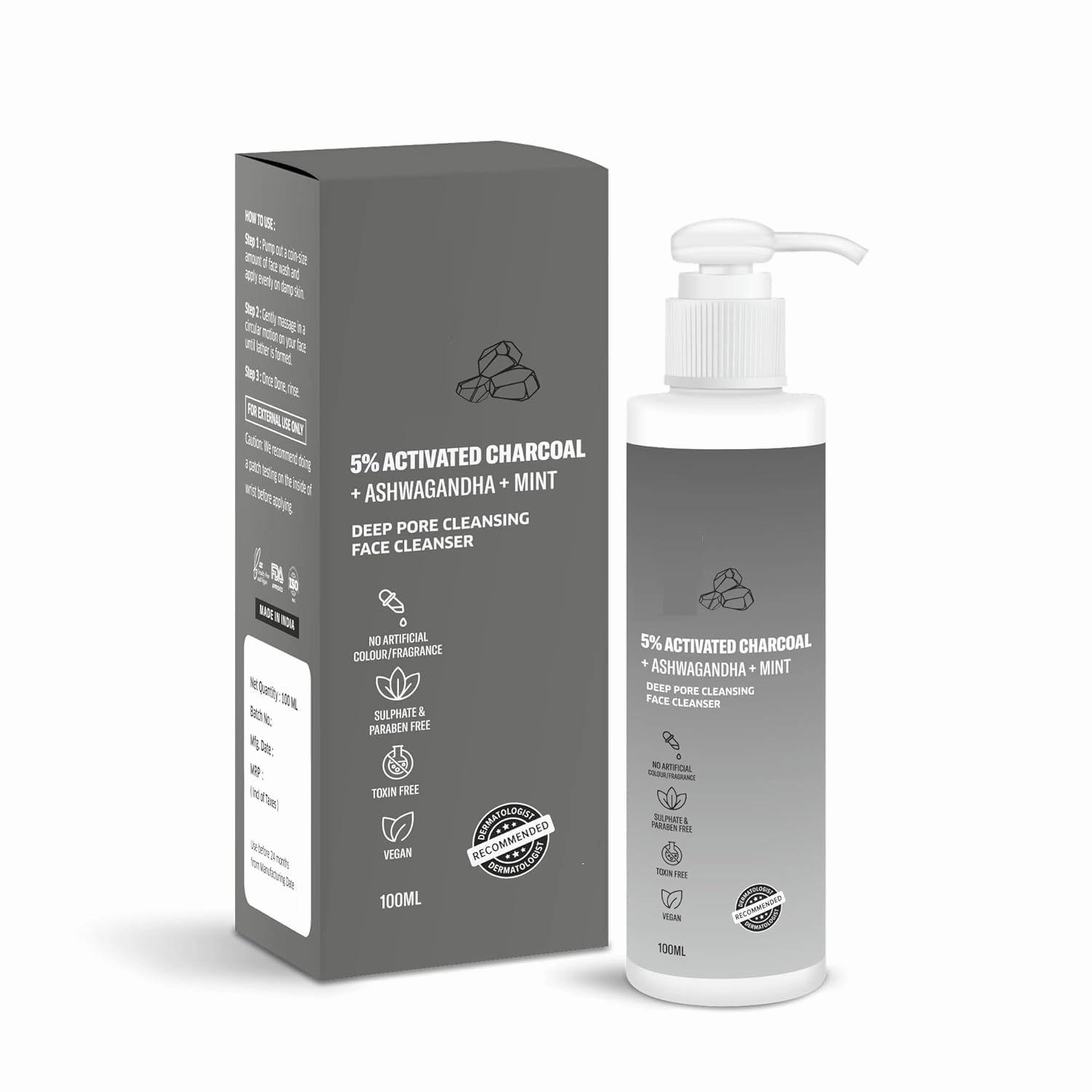 Tubees 5% Activated Charcoal Face Wash with Mint & Ashwagandha | Deep Pore Cleansing Face Cleanser | For Oily, Combination & Acne Prone Skin | 100ml