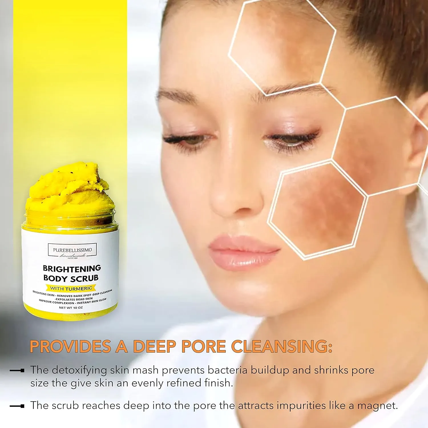 Turmeric Skin Brightening Scrub for Dark Spots, Dark Inner Thighs Bikini Area Underarms, Natural Exfoliating Turmeric Face Scrub ALL NATURAL 10OZ