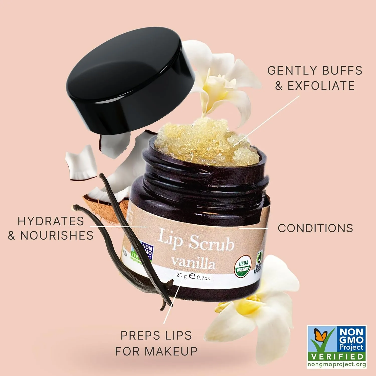 USDA Organic Lip Scrub Vanilla - USA Made with Natural Ingredients, Moisturizing Scrub Exfoliator for Dry Lips, Lip Sugar Scrubber Exfoliator for Smooth Lips, Small Beauty Gifts
