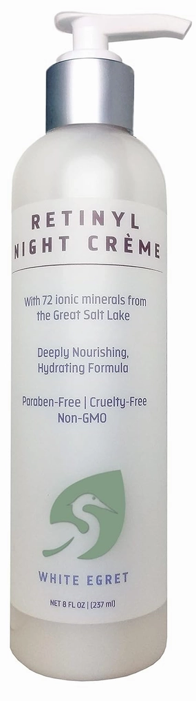 White Egret Retinyl Night Creme with 72 Ionic Sea Minerals for Nourishing, Hydrating, and Replenishing Skin, 8 fl. oz