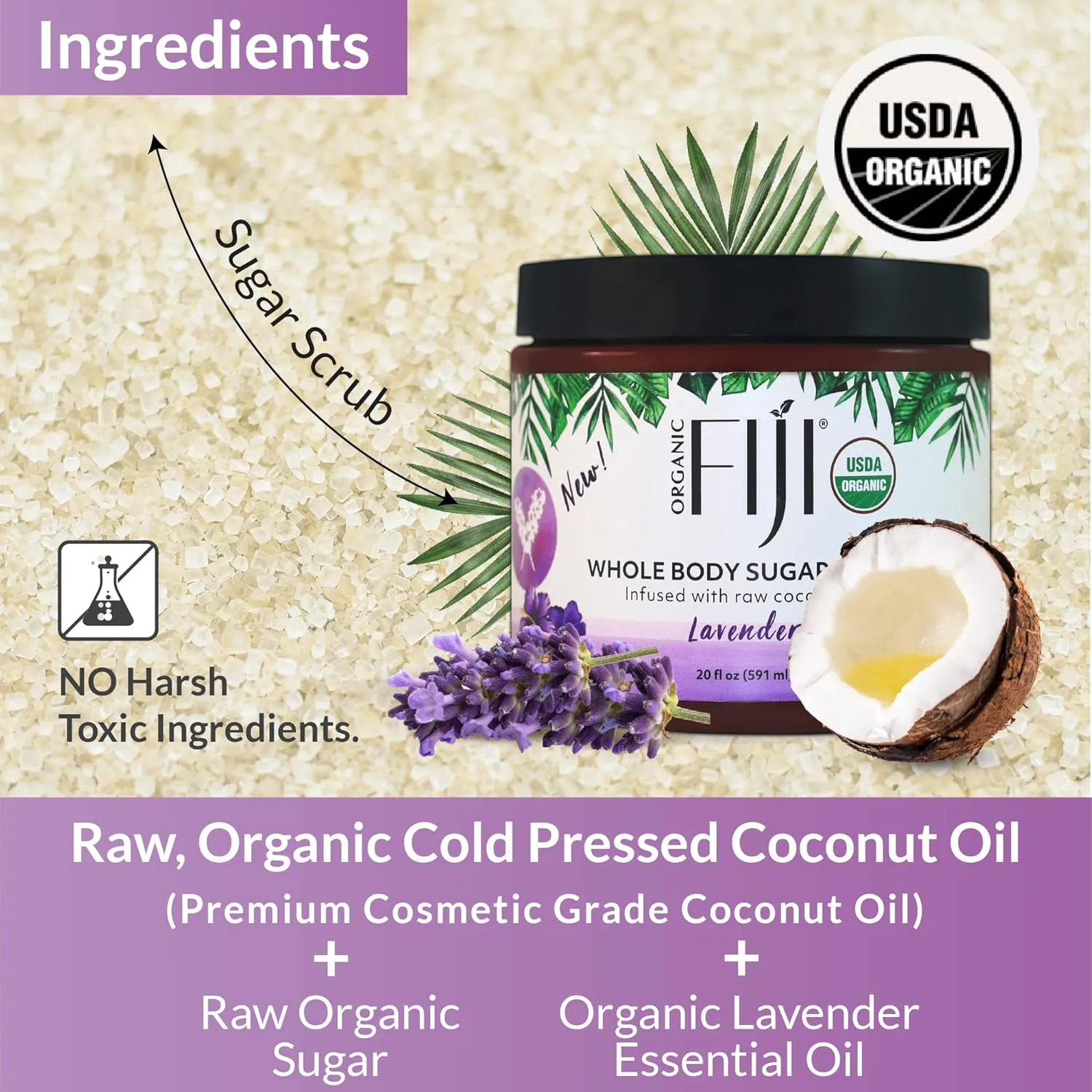 Whole Body Scrub - Infused with Coconut Oil, Exfoliating Sugar Scrub for Smooth and Soft Skin, Exfoliates & Restores Skin's Natural Biosphere, Lavender 20 oz