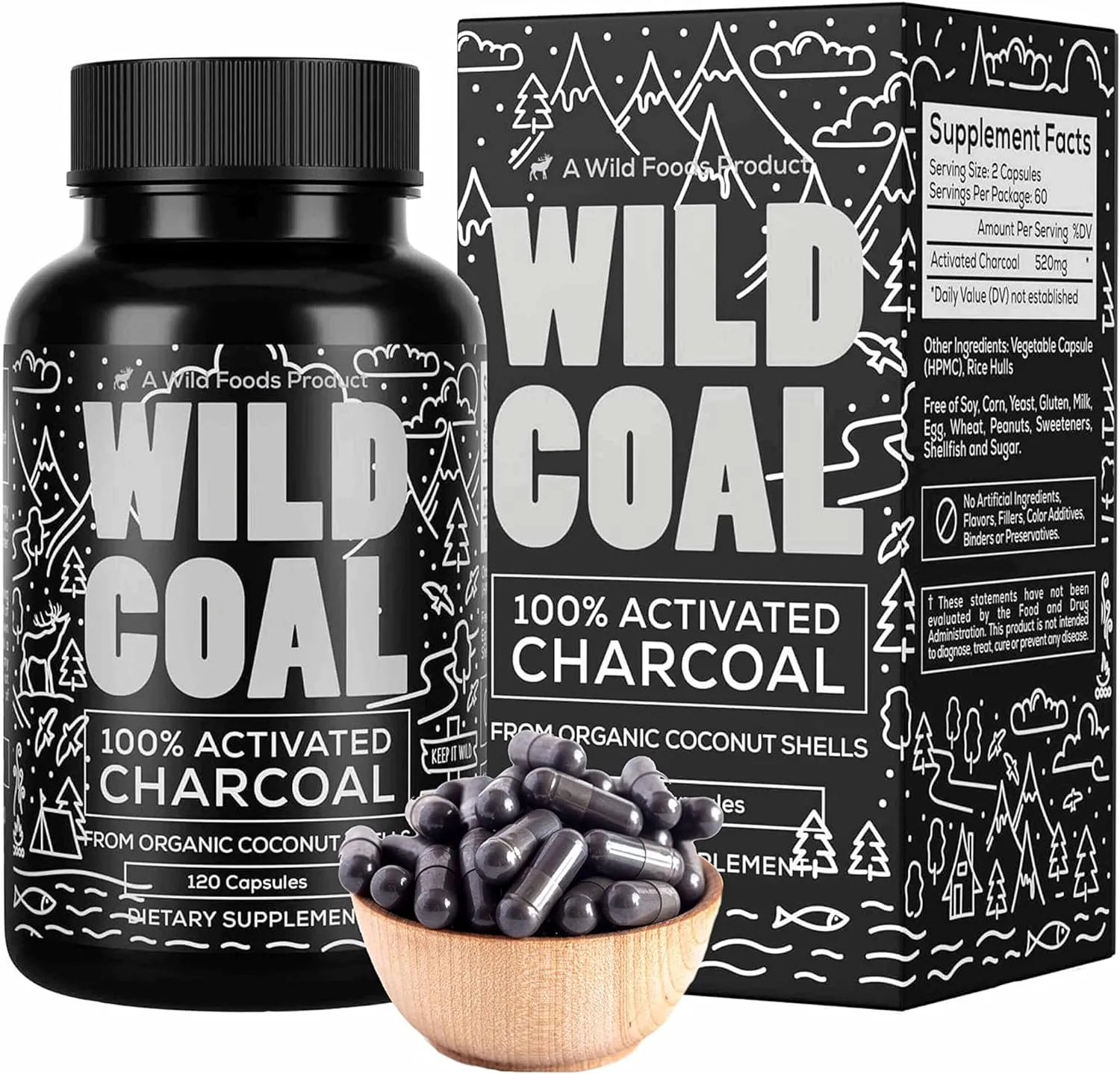 Wild Foods Activated Charcoal Capsules | 100% Organic Coconut Shells Active Tablets for Bloating & Hangover | Lab Tested & Non-GMO Detox Pills | Made in USA (120 Capsules)