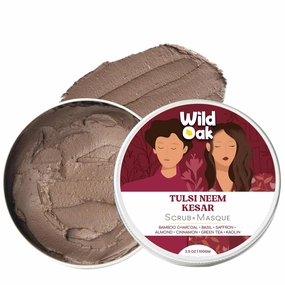 WildOak Tulsi, Neem, Kesar & Multani Mitti Face Scrub & Mask | Anti-Acne & De-Tan | Fights Aging & Hyperpigmentation | Opens Pores & Exfoliates | Detoxifying Face Pack with Powerful Herbs | 100g