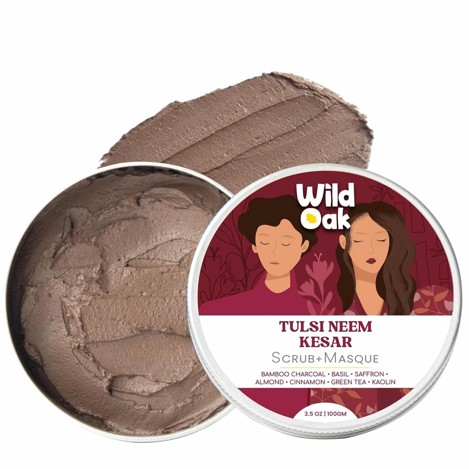 WildOak Tulsi, Neem, Kesar & Multani Mitti Face Scrub & Mask | Anti-Acne & De-Tan | Fights Aging & Hyperpigmentation | Opens Pores & Exfoliates | Detoxifying Face Pack with Powerful Herbs | 100g