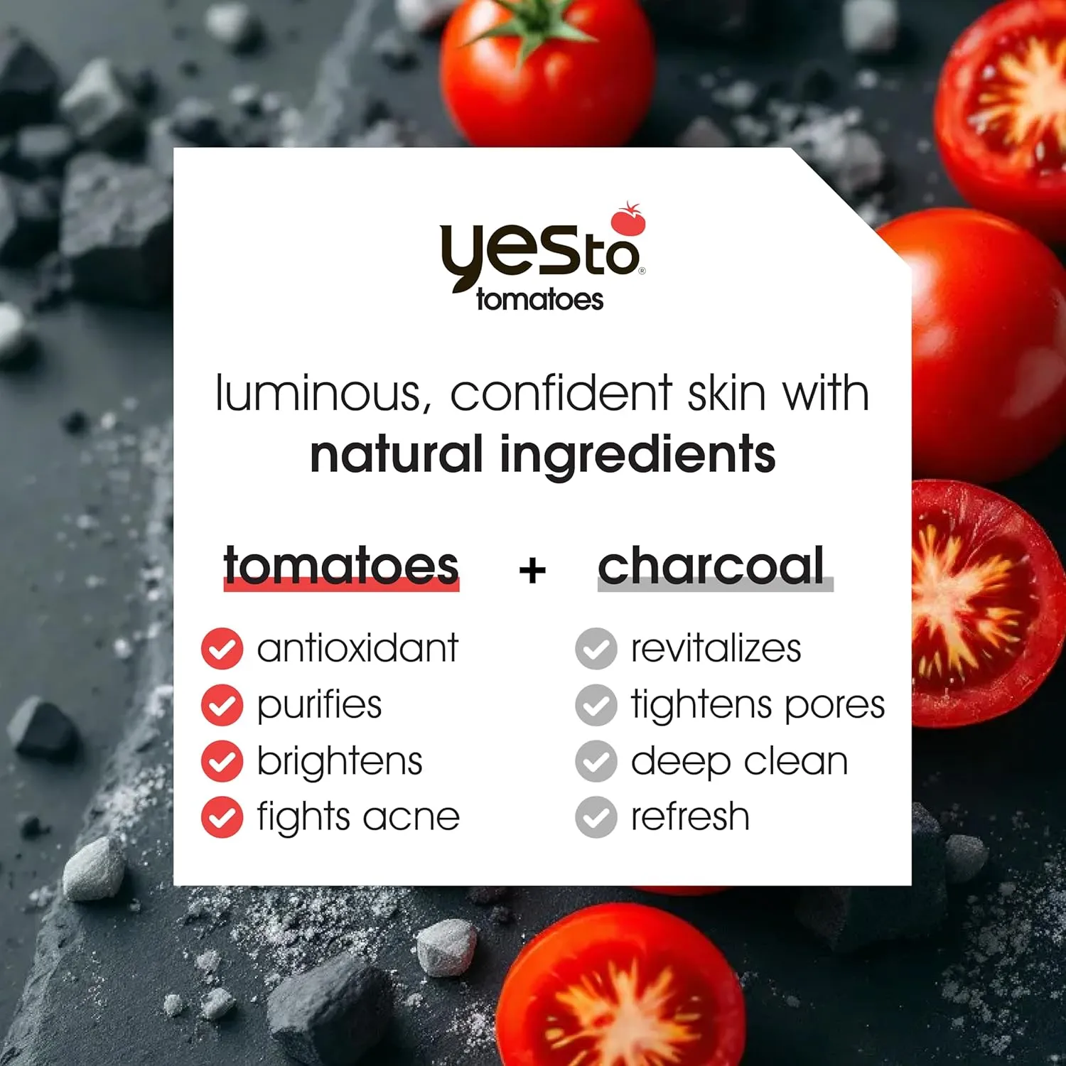 Yes To Face Wipes for Women and Men, Charcoal Facial Cleansing Wipes for use as a Make Up Remover, Cleaning, Soothing, Tomatoes 3pack