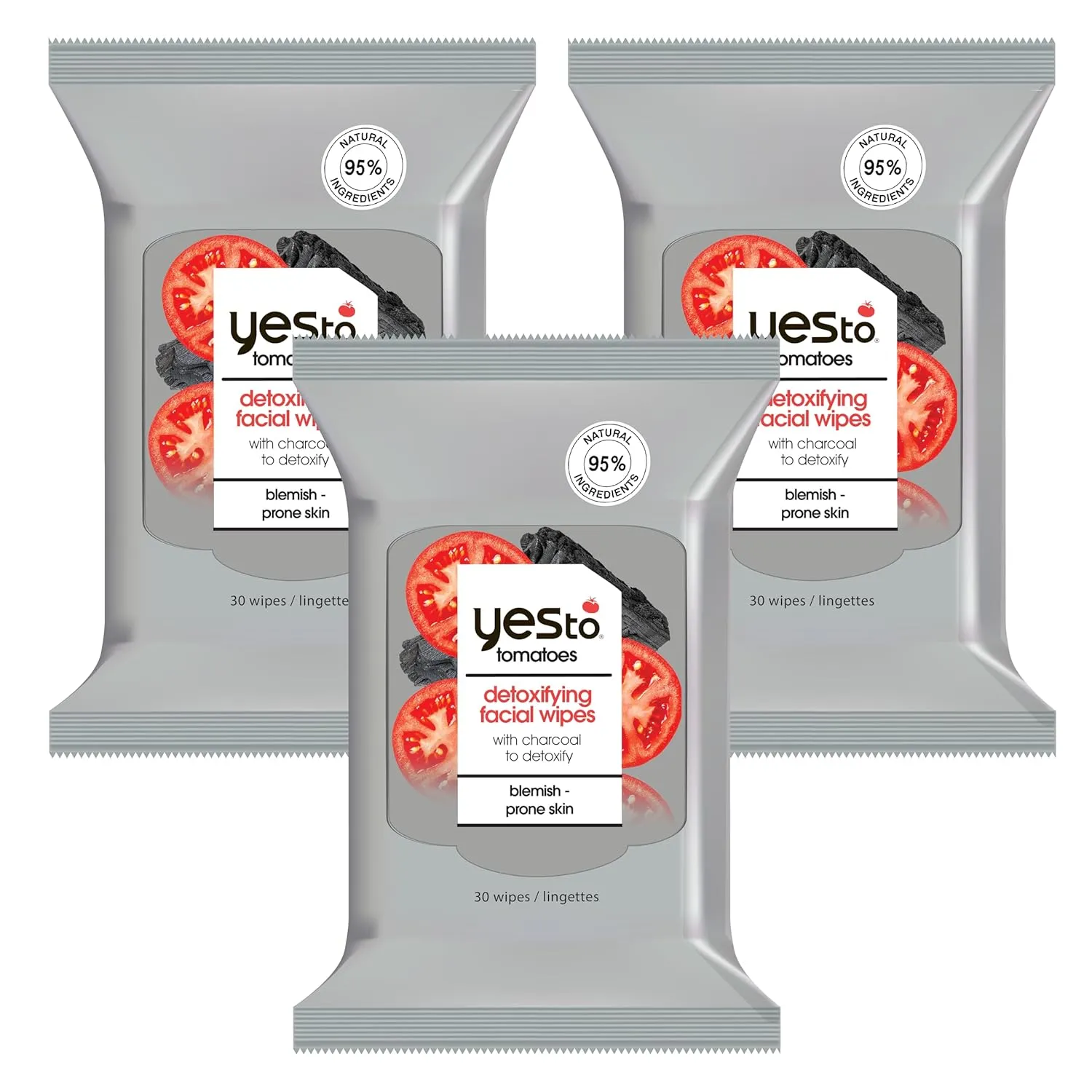 Yes To Face Wipes for Women and Men, Charcoal Facial Cleansing Wipes for use as a Make Up Remover, Cleaning, Soothing, Tomatoes 3pack