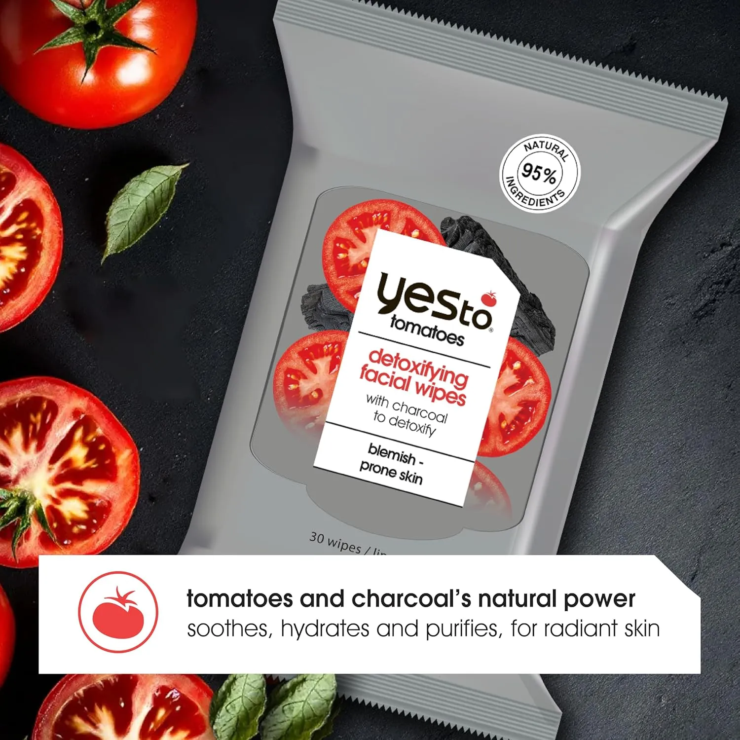 Yes To Face Wipes for Women and Men, Charcoal Facial Cleansing Wipes for use as a Make Up Remover, Cleaning, Soothing, Tomatoes 3pack