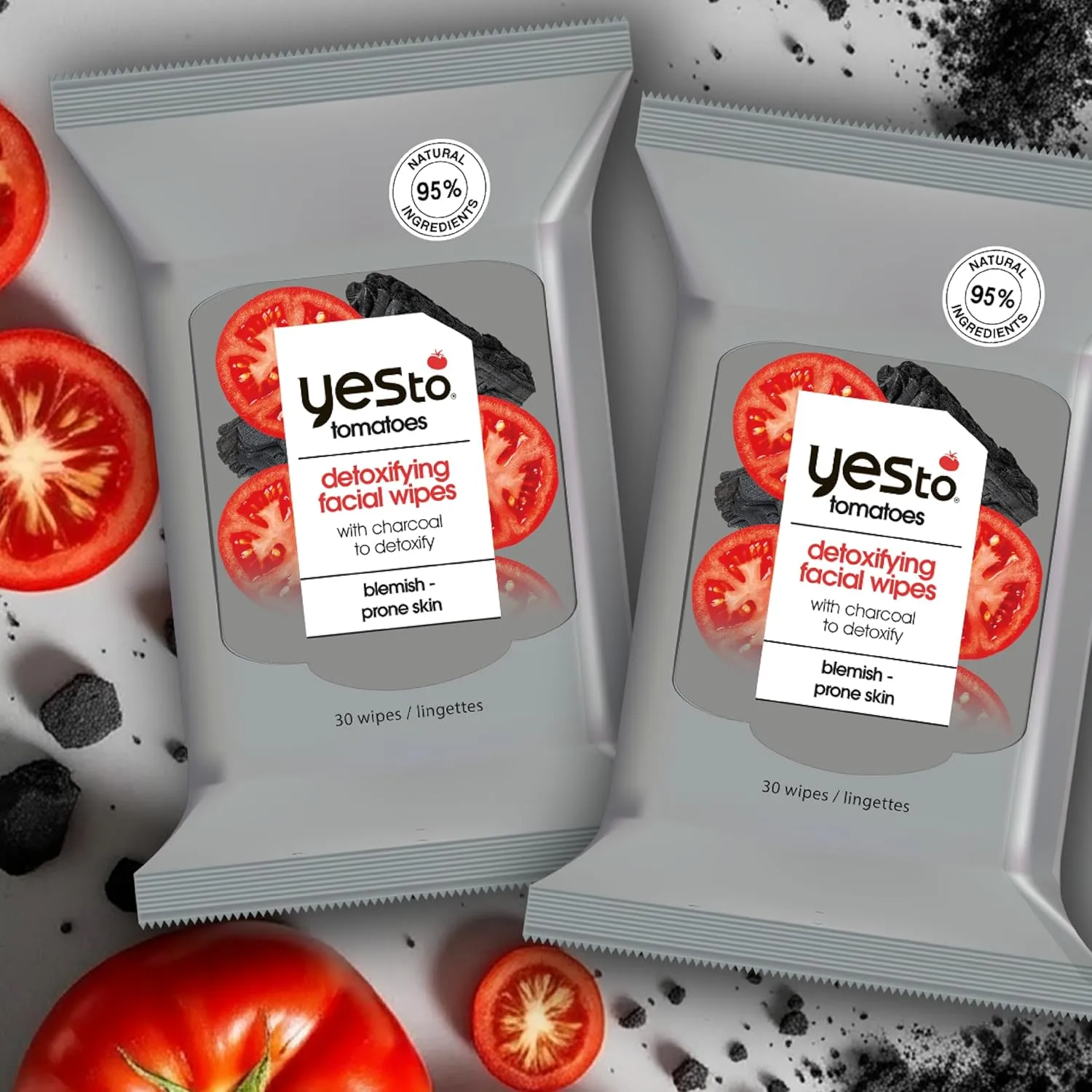 Yes To Face Wipes for Women and Men, Charcoal Facial Cleansing Wipes for use as a Make Up Remover, Cleaning, Soothing, Tomatoes 3pack